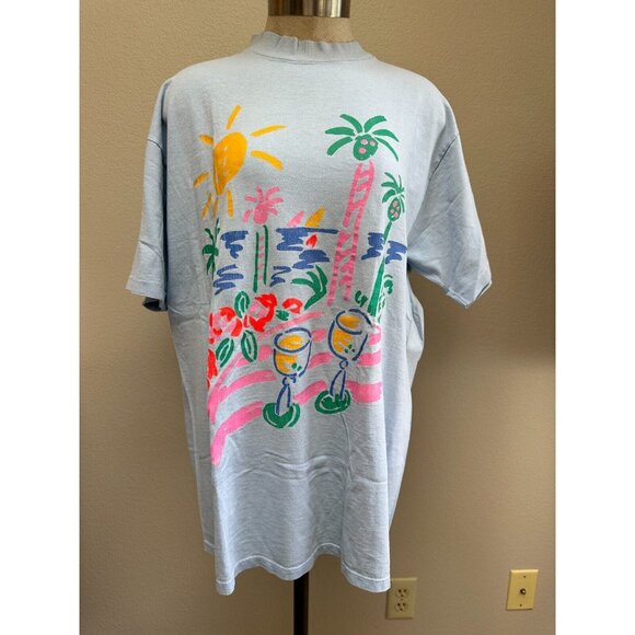VTG Ken Done Art 80s Graphic Palm Tree SUN Flower NEON T-shirt PUFF PAINT - Picture 1 of 13